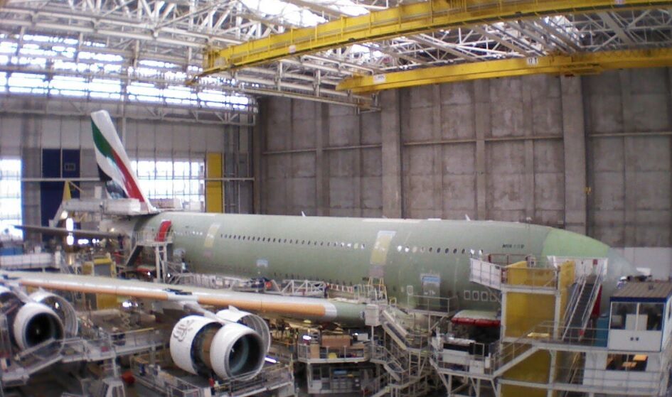 Dentro da enorme fábrica da linha de produção do Airbus A380